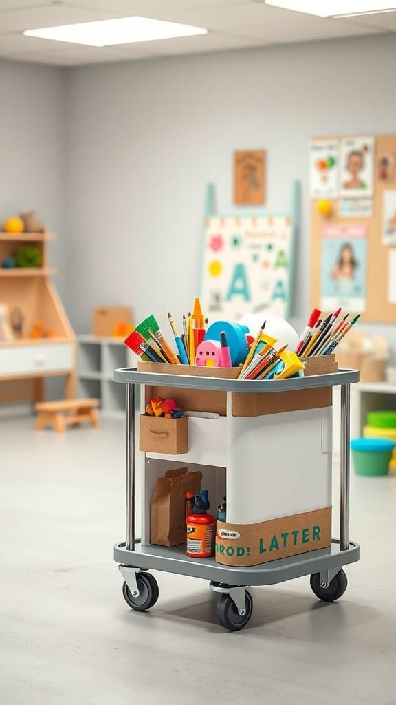 21 Creative Toy Storage Ideas for a Clutter-Free Playroom 6 A colorful rolling cart filled with art supplies and toys, set in a bright room.