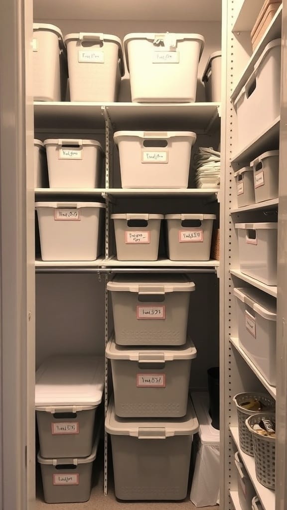 Organized closet with labeled storage bins