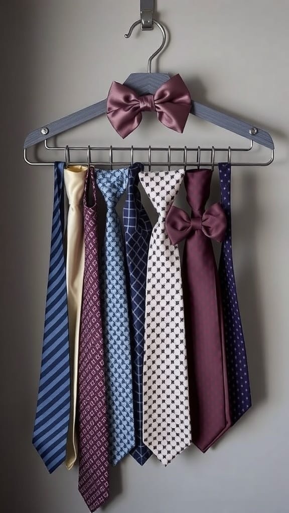 A hanger displaying various ties and a bowtie, showcasing an organized and stylish way to store neckwear.