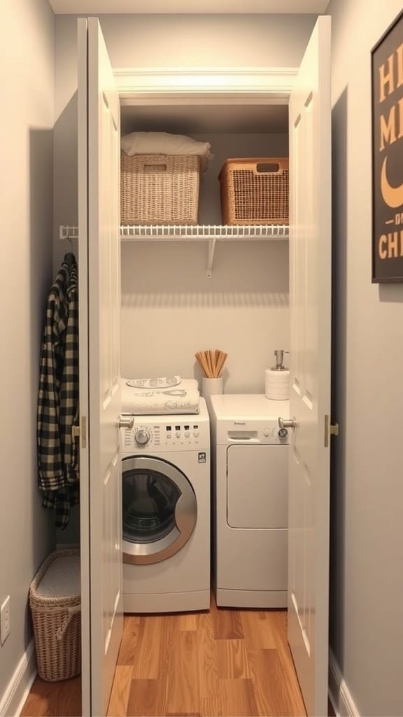 A small laundry area in a closet with a washer and dryer, shelves above with baskets, and a tidy appearance.