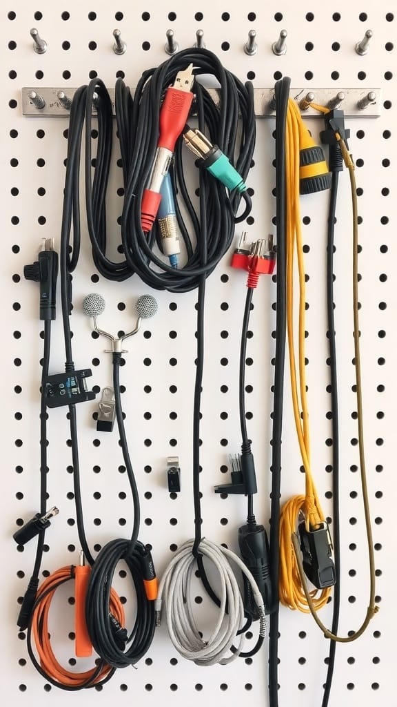 19 Genius Cord and Cable Organization Hacks for a Clutter-Free Space 11 A pegboard displaying various cables and cords organized with hooks.
