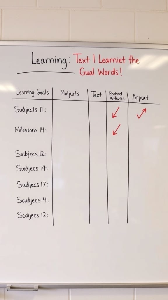 A whiteboard displaying learning goals and progress tracking in a table format.