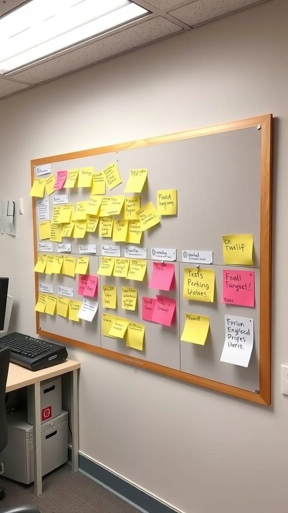 21 Creative Organization Ideas for Your School Office 13 A task management board filled with colorful sticky notes in a school office setting.