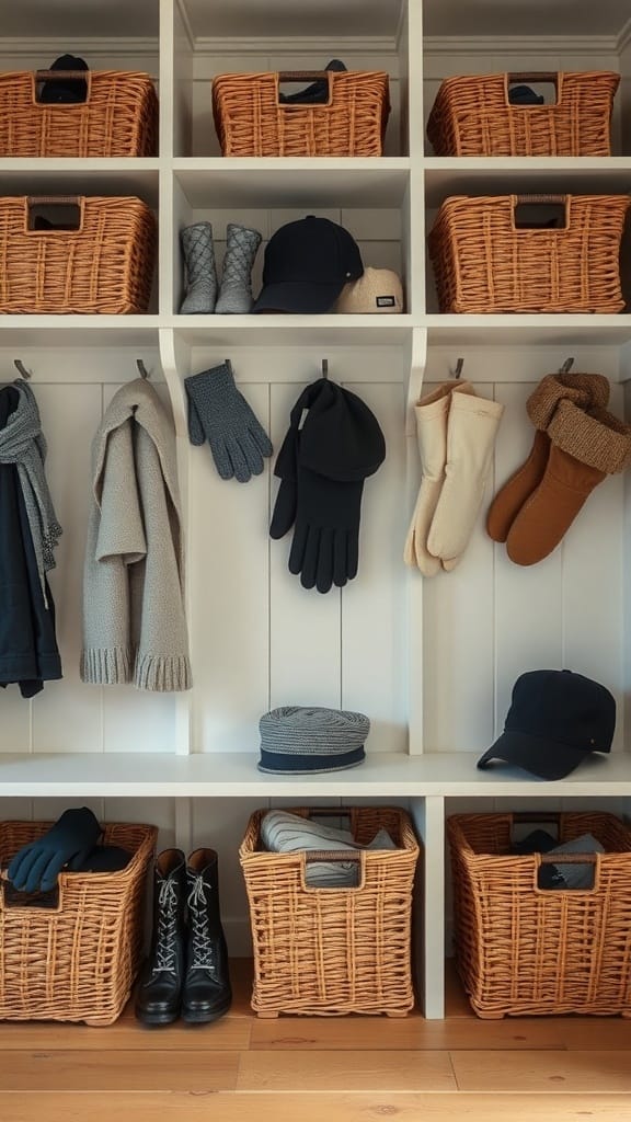 Organized mudroom with woven baskets for storage
