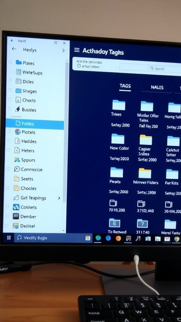 Screenshot of a computer file management system showing folders and tags.