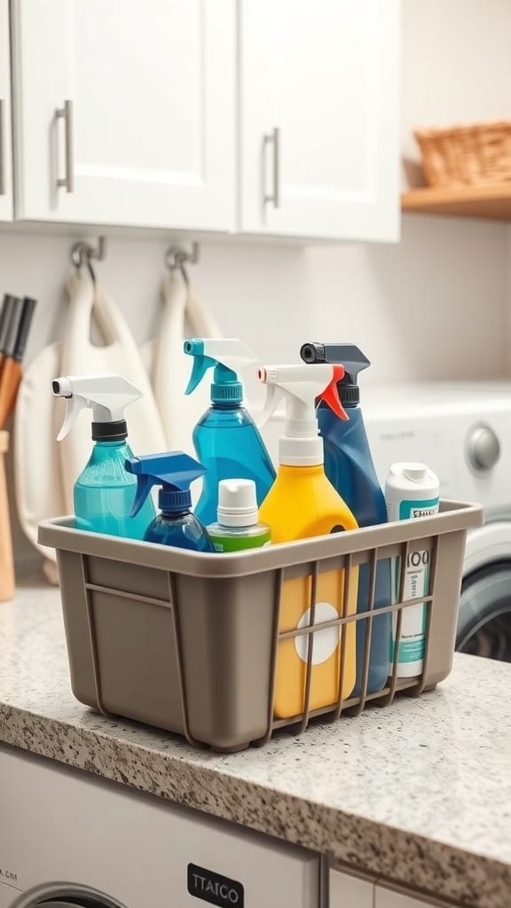 25 Creative Laundry Room Organizing Ideas to Maximize Space 8 A cleaning supply caddy filled with various cleaning products on a countertop.
