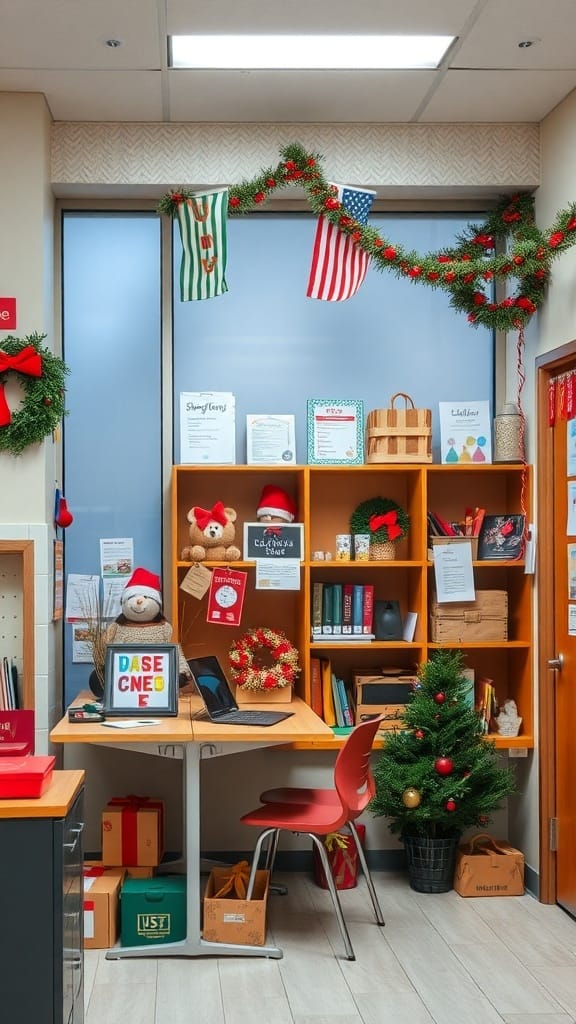 21 Creative Organization Ideas for Your School Office 22 A decorated school office with holiday decor including a small Christmas tree, wreaths, and festive colors.