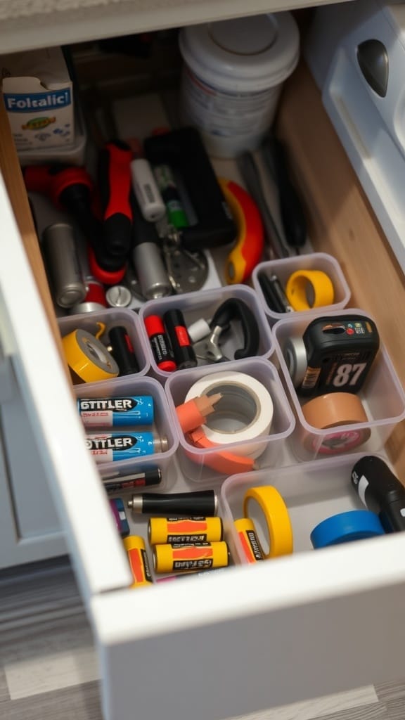 23 Brilliant Kitchen Drawer Organizing Ideas You Need to Try 12 An organized kitchen junk drawer with various tools and supplies in clear containers.