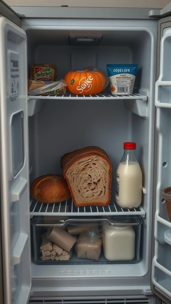 22 Things to Get Rid of for a Clutter-Free Home 4 An open fridge showing various food items including bread, milk, and a pumpkin.