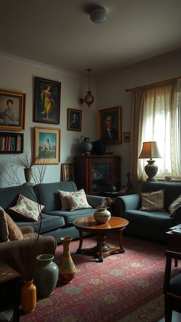 22 Things to Get Rid of for a Clutter-Free Home 9 A cozy living room with vintage decor, including portraits, furniture, and vases.