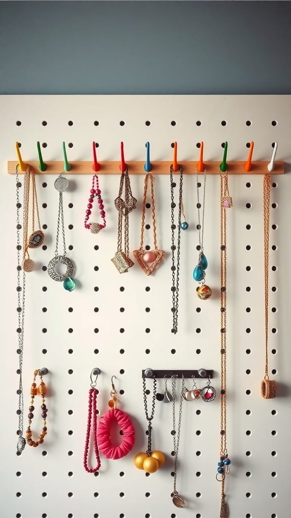 A pegboard displaying various necklaces and earrings organized with colorful hooks.