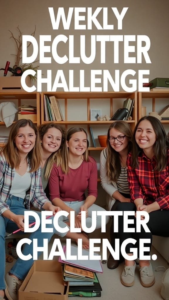 21 Genius Clutter Busting Hacks to Organize Your Home 18 A group of five friends smiling together, ready for a decluttering challenge, with a background of shelves and clutter.