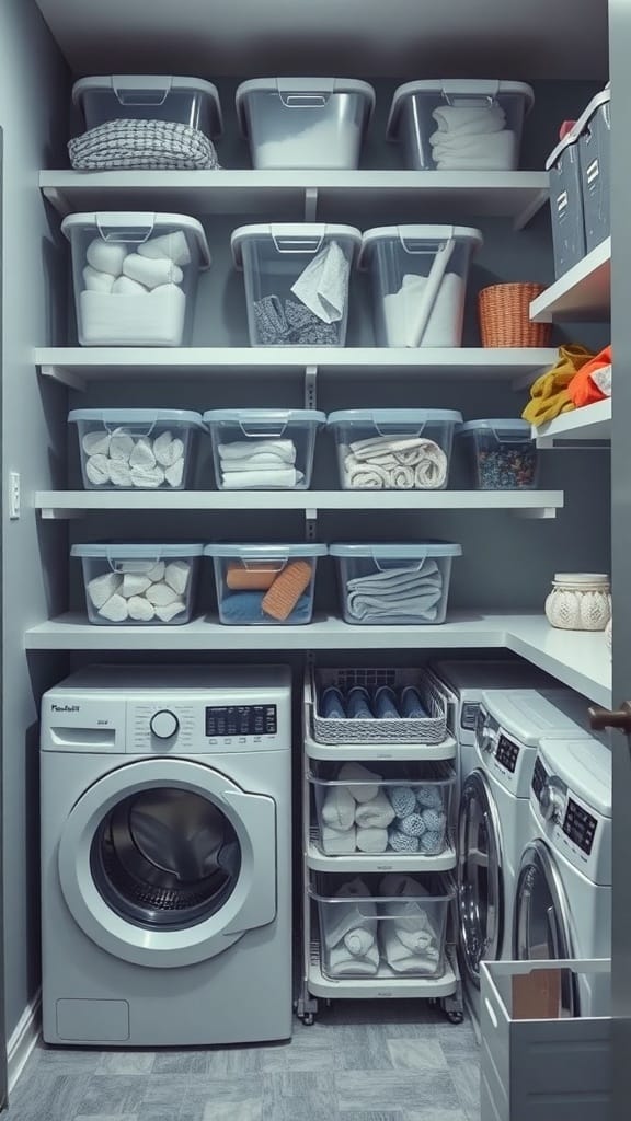 Organized laundry room with clear containers on shelves, showcasing neatly stored towels and laundry supplies.