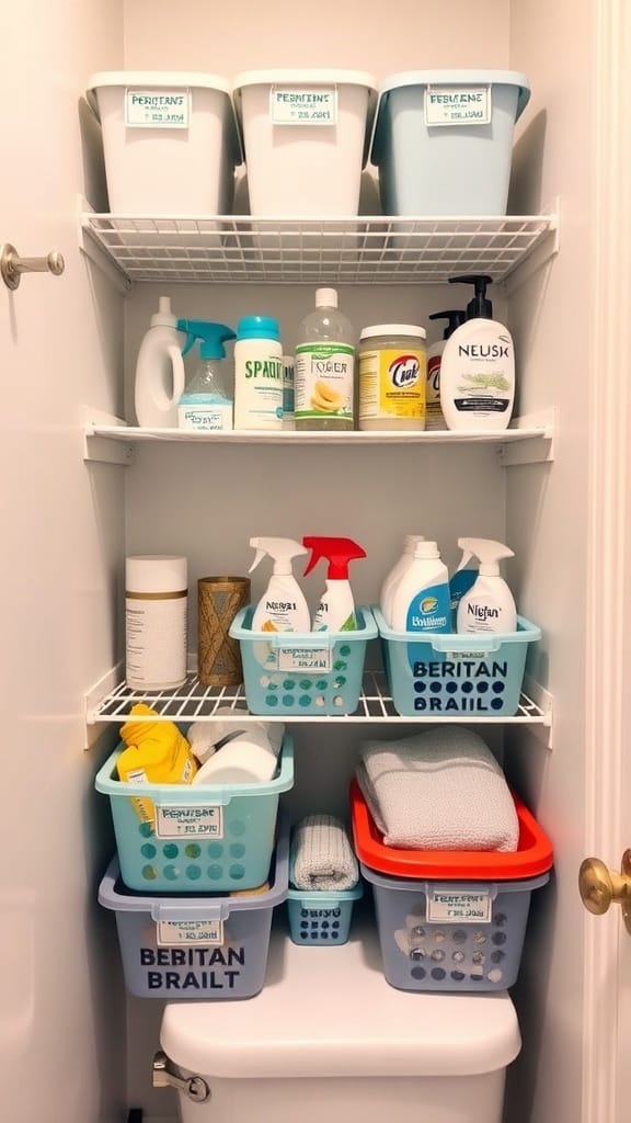 Dollar Store Organization Hacks That Actually Work: 23 Smart Storage Ideas 13 Organized bathroom supply station with labeled bins and cleaning products on shelves.