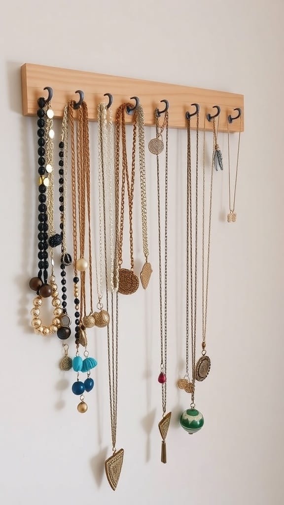 Dollar Store Organization Hacks That Actually Work: 23 Smart Storage Ideas 21 A wooden jewelry organizer with multiple hooks displaying various necklaces.