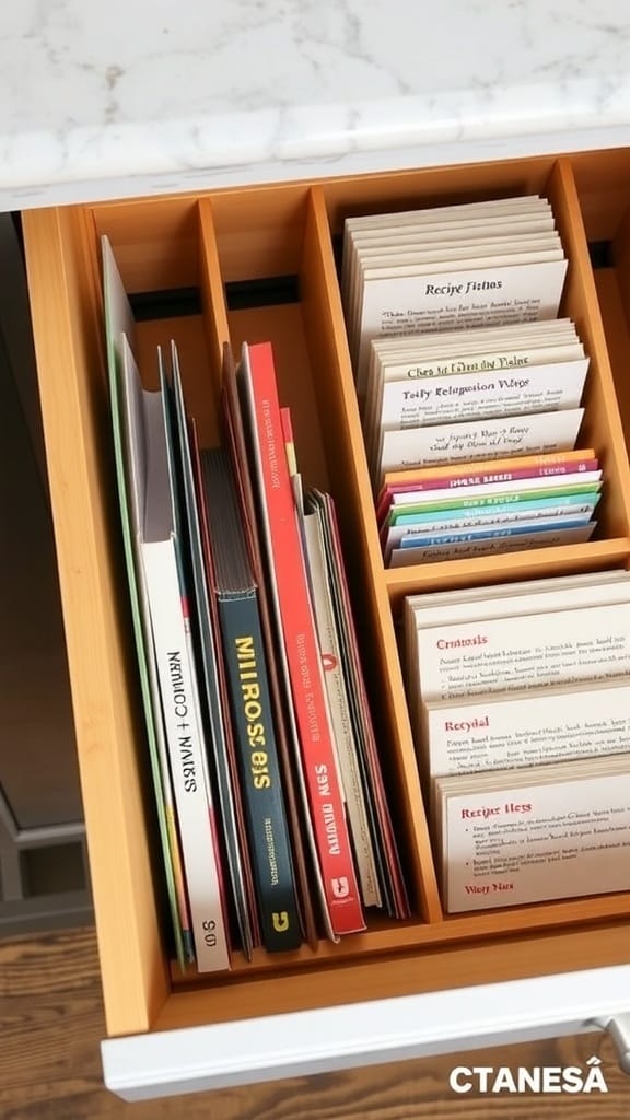 23 Brilliant Kitchen Drawer Organizing Ideas You Need to Try 21 A kitchen drawer organized with vertical dividers holding cookbooks and recipe cards.