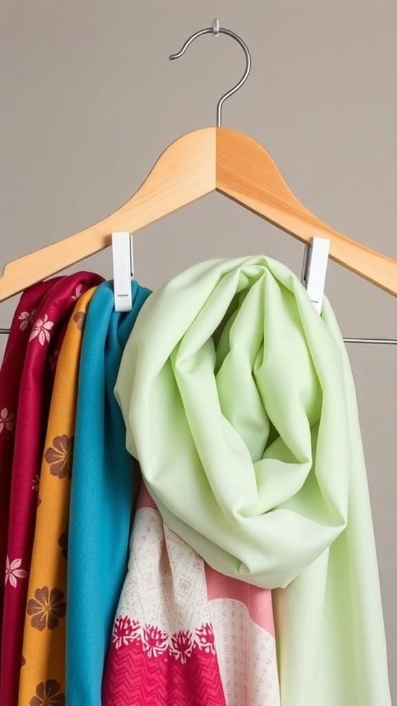 A wooden hanger with clips holding colorful scarves.