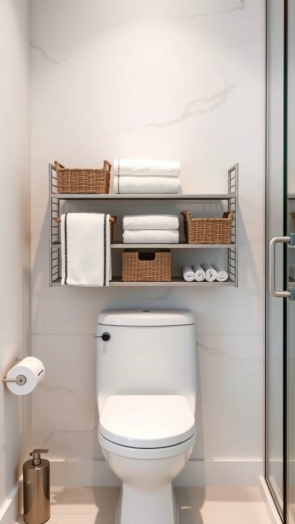 A modern over-the-toilet storage rack with towels and baskets above a toilet.