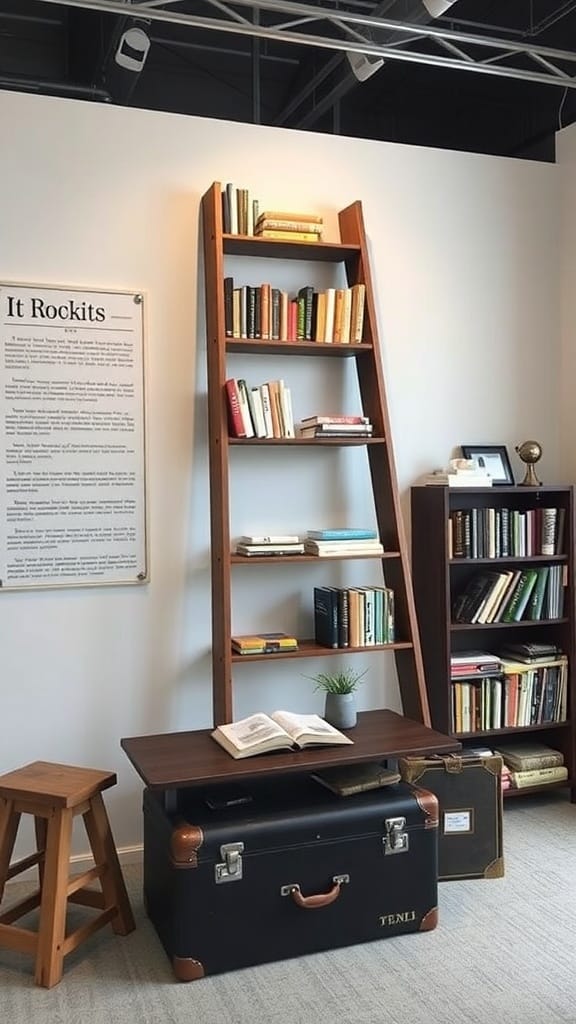 21 Genius Clutter Busting Hacks to Organize Your Home 11 A creative repurposing of an old ladder as a bookshelf, with a vintage trunk used as a coffee table.