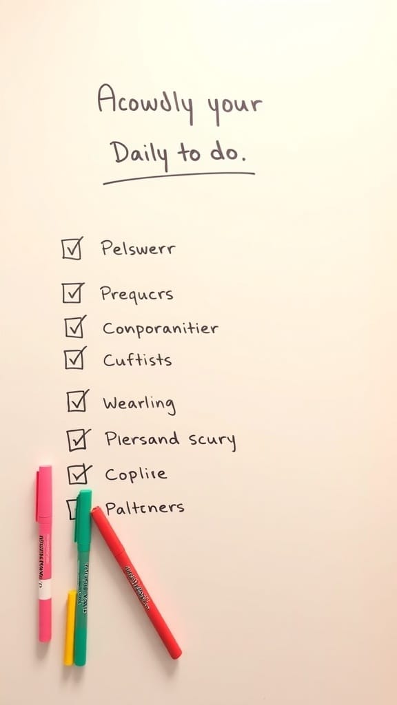 A whiteboard with a daily to-do list, featuring checked items and colorful markers.