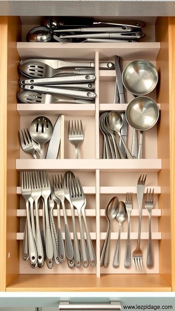 Organized kitchen drawer with utensils separated by DIY dividers