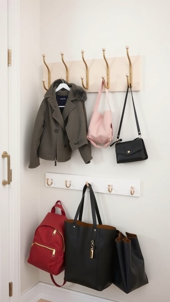 IKEA hooks mounted on a wall with a coat, bags, and purses hanging.