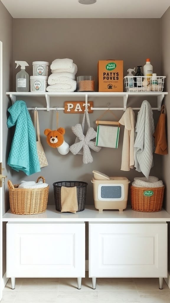 25 Creative Laundry Room Organizing Ideas to Maximize Space 12 Organized pet laundry space with baskets, towels, and pet supplies on shelves.