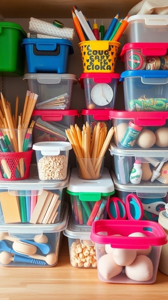 Dollar Store Organization Hacks That Actually Work: 23 Smart Storage Ideas 22 A variety of colorful food storage containers filled with art supplies, toys, and other items, neatly organized on a shelf.