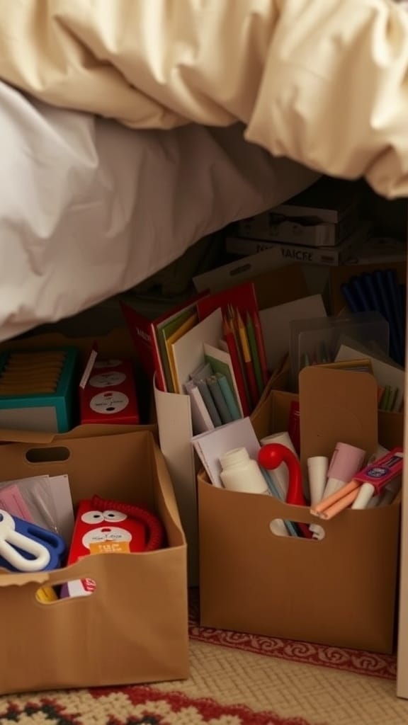 Boxes of craft supplies stored neatly under a bed.
