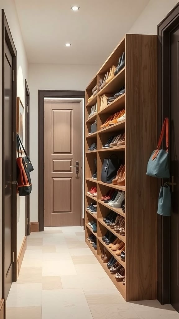 21 Clever Hidden Storage Ideas for a Clutter-Free Home 14 A narrow hallway featuring a tall wooden cabinet with organized shelves displaying shoes and bags.