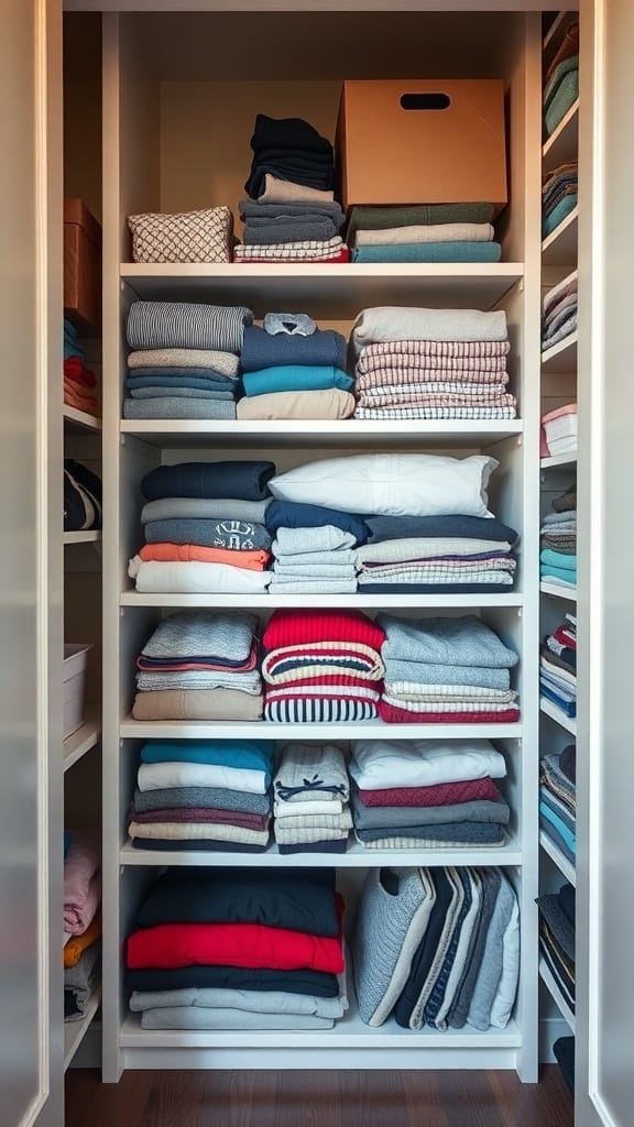 22 Genius Closet Organization Hacks You Need to Try 2 Organized closet shelves with neatly folded clothes and storage boxes.
Closet Organization Hacks
