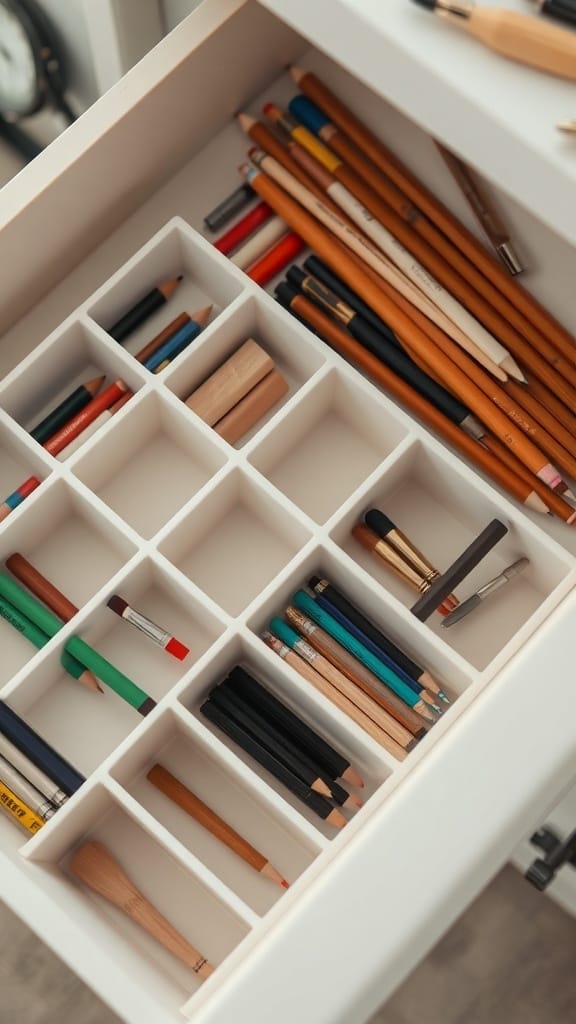 Organized drawer with dividers holding various writing tools like pencils and pens.