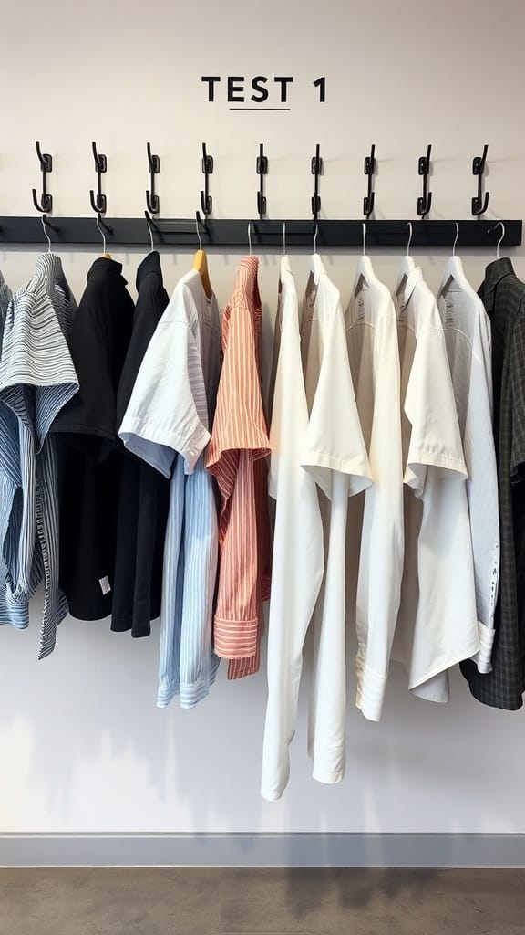 A row of shirts hanging on hooks against a wall, showcasing an organized method for shirt storage.