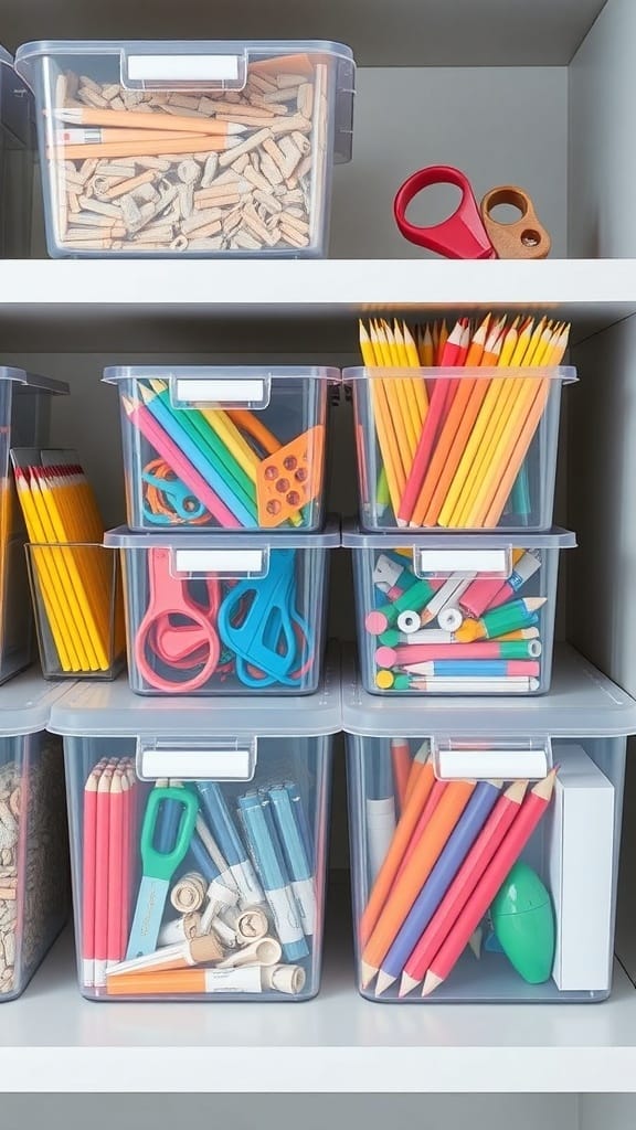 Clear bins filled with colorful office supplies on a shelf