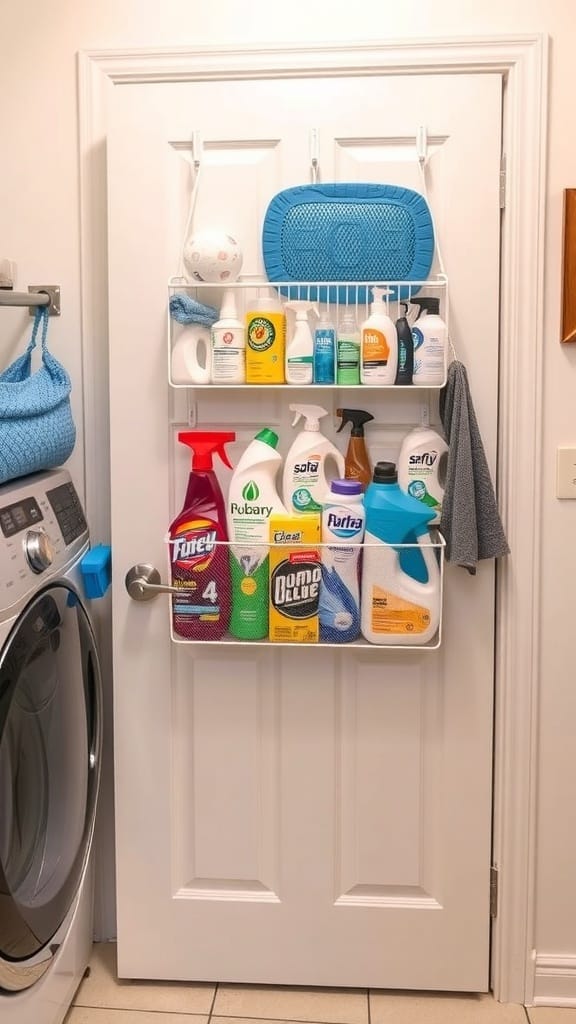 A door organizer in a laundry room holding cleaning supplies and tools.