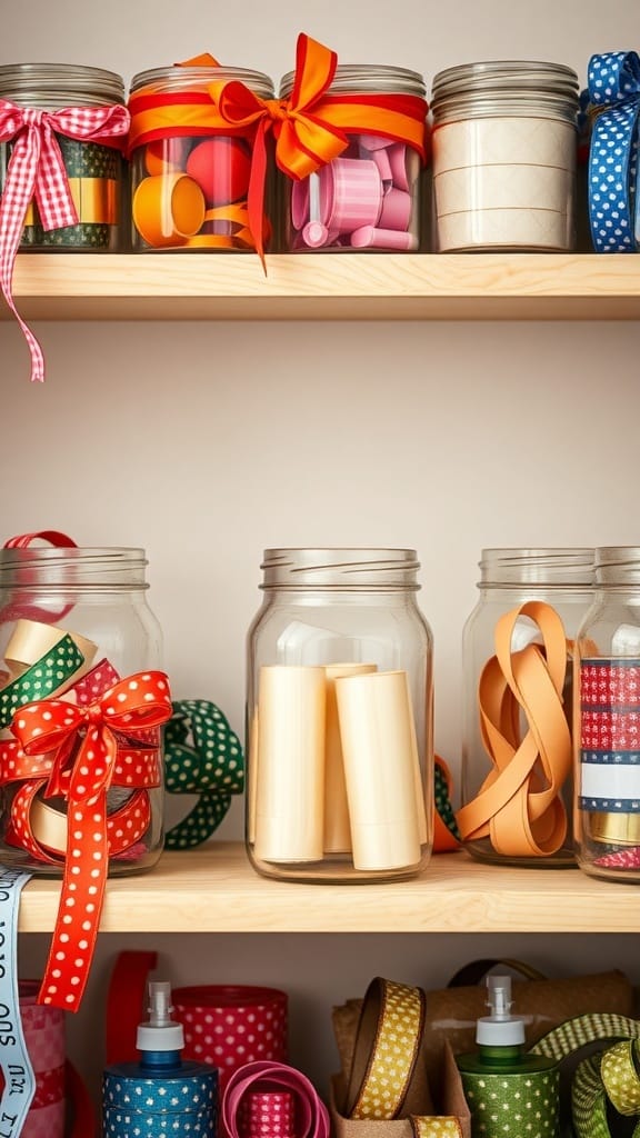 Practical Ribbon Organizing Ideas for a More Organized Craft Space (21 Tips) 9 Mason jars filled with ribbons, organized on a shelf with colorful bows on the jars.
