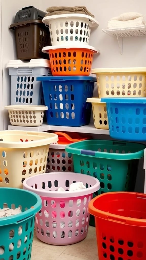 25 Creative Laundry Room Organizing Ideas to Maximize Space 2 Colorful laundry baskets stacked and organized in a laundry room.