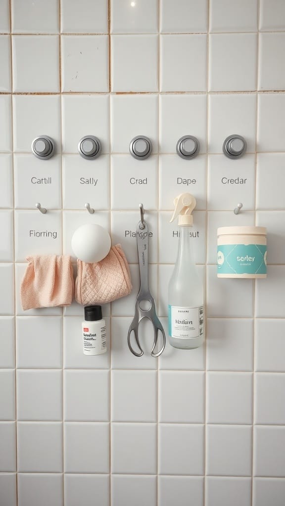 Suction cup hangers on bathroom tiles holding various items like washcloths and bottles.
