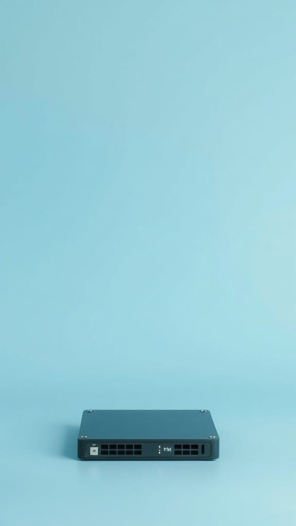 A sleek external hard drive on a light blue background