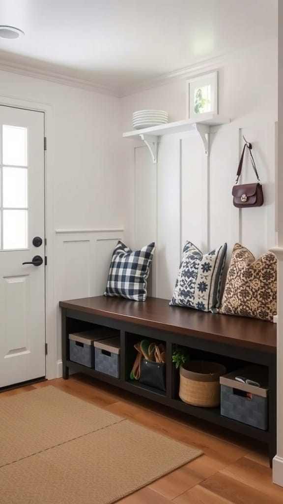 A mudroom with a bench, decorative pillows, storage bins underneath, and a wall-mounted shelf.
