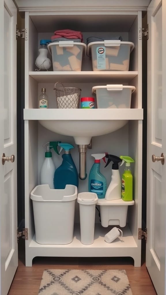 Organized under-sink storage with cleaning supplies and bins