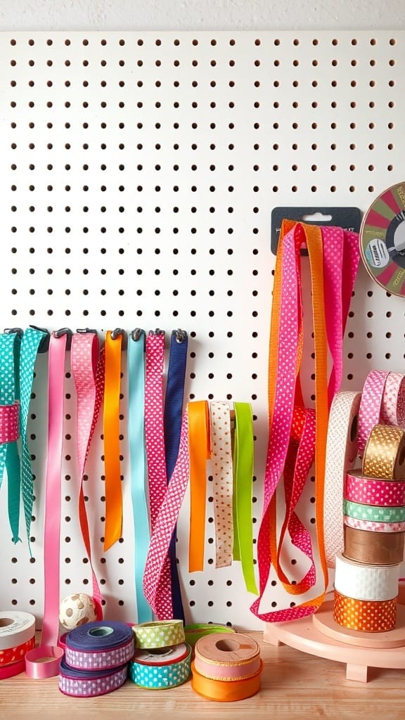 Practical Ribbon Organizing Ideas for a More Organized Craft Space (21 Tips) 2 Colorful ribbons displayed on a pegboard for easy organization