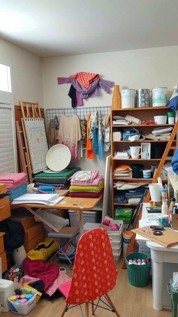 22 Things to Get Rid of for a Clutter-Free Home 20 A cluttered craft room filled with various craft supplies, fabrics, and tools.