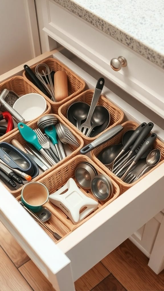23 Brilliant Kitchen Drawer Organizing Ideas You Need to Try 15 Organized kitchen drawer with small baskets holding various utensils and tools.