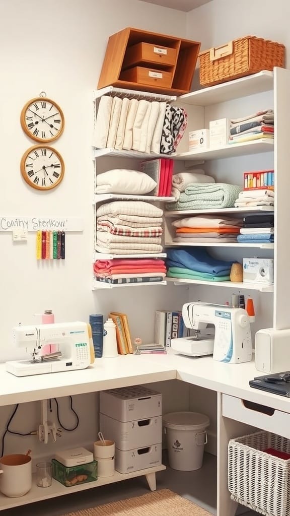 A well-organized sewing room with shelves holding fabrics, tools, and decorative items.