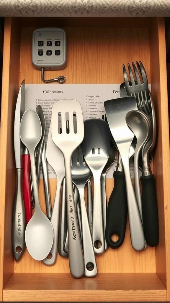 22 Things to Get Rid of for a Clutter-Free Home 15 A cluttered kitchen drawer filled with various utensils, including duplicate items.