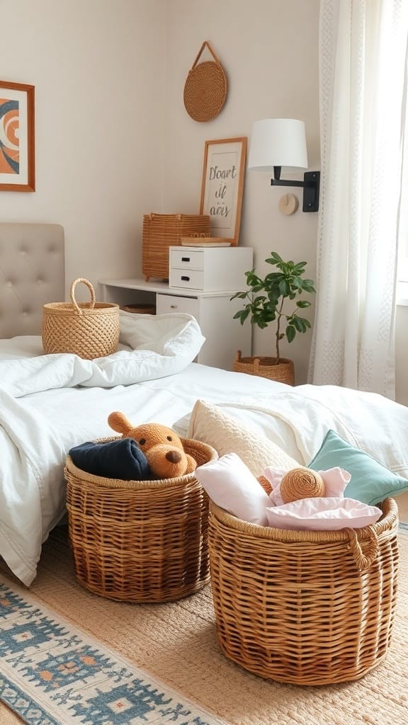 Cozy bedroom with woven baskets filled with pillows and a stuffed animal beside the bed.