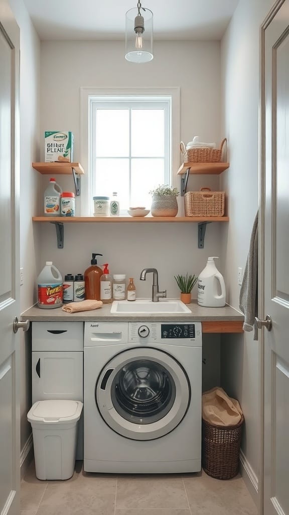 A small laundry room featuring a utility sink next to a washing machine, with shelves above for storage.