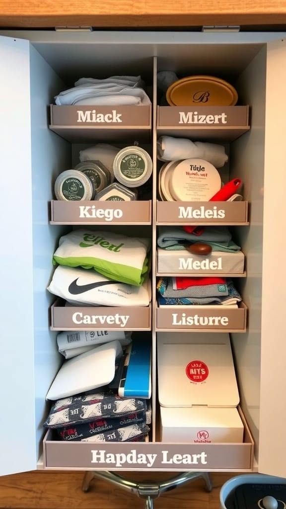 Organized caddy with labeled compartments for easy identification of items.