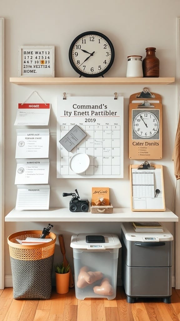21 Genius Clutter Busting Hacks to Organize Your Home 13 A well-organized command center featuring a calendar, clock, storage bins, and decorative elements.